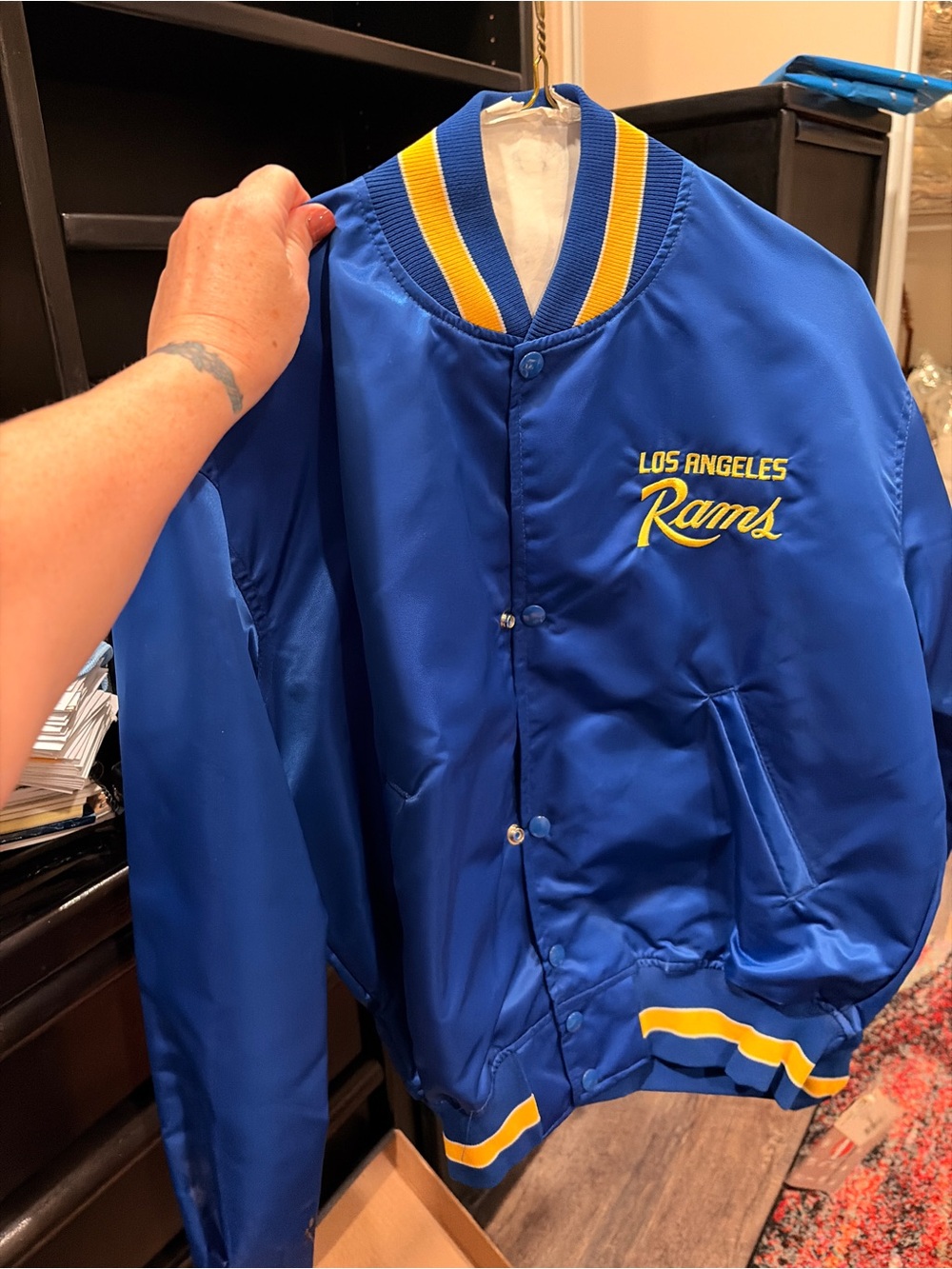 STARTER Los Angeles Rams Royal Blue Satin Bomber Jacket with Yellow Trim